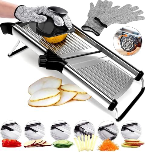 Stainless Steel Mandoline Slicer for Kitchen – 6-Setting Adjustable, 16.5 x 5 In. Platform, Hand Guard, Cut-Resistant Gloves – Vegetable Chopper