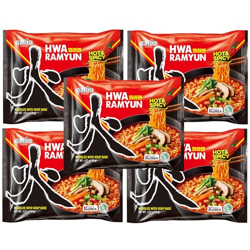 Paldo Fun & Yum Hwa Ramyun, Authentic Korean Imported, Spicy Soup Ramen, Quick & Easy to Cook Instant Noodles, Family Size 4/5-Pack