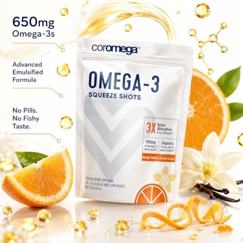 Coromega - Omega 3 Fish Oil Supplement - 30 Squeeze Packets - 650mg | Orange Flavor, 3X Better Absorption Than Softgels, Easy To Take, No Fishy Aftertaste, Convenient Daily Serving