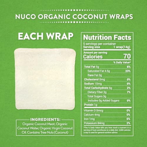 NUCO Organic Coconut Wraps, Original - Gluten Free, Low Carb, Vegan, 10 Ct | Paleo, Non-GMO, Dairy-free, Kosher, No Salt Added, Yeast-free