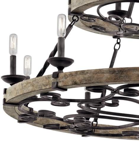 Kichler Taulbee 15-Light 2-Tier Chandelier, Weathered Zinc | Two-tier chandelier with weathered gray wood accents (44" x 38.75"), 43826WZC