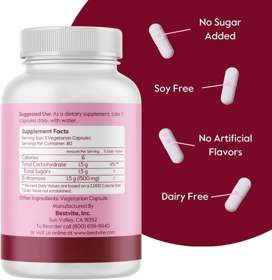 BESTVITE D-Mannose 500mg (240 Veg Caps) - Corn Free - No Fillers - Vegan