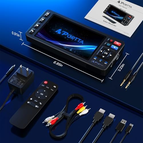 Portta VD20P VHS to Digital Converter with 5" HD Screen, Video Capture Recorder Convert to MP4 Compatible with VHS, VCR, DVR, DVD, Hi8, Mini DV