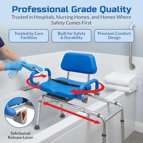 Carousel Sliding Shower Chair Tub Transfer Bench with Swivel Seat Elderly | Slide Safely In & Out of the Tub - Blue, padded seat, padded armrests, swivel seat, backrest, portable, tool-free assembly