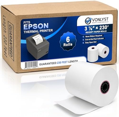 3 1/8 x 230 Thermal POS Rolls for Epson Printers, BPA Free Thermal Printing Compatible with TM-T88 TM-T70 TM-T80 TM-T85 TM-H6000 T90 Series