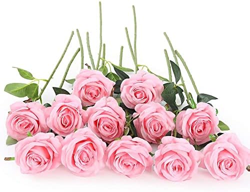 12 PCS Artificial Flowers Roses Silk Flowers Fake Long Stem Artificial Roses for Home Wedding Decorations (Yellow)