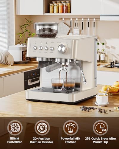 (2026 Upgrade) Espresso Machine with Grinder, 15 Bar Expresso Coffee Machines, Professional Coffee Maker for Latte&Cappuccino with Milk Frother, Expresso Machines for Home Descaling Kit Included White