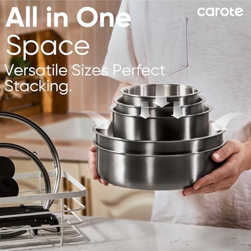 CAROTE 15pcs Tri-Ply Stainless Steel Cookware Set with Detachable Handle | Pots and Pans Set, Even Heating, Non-Toxic, Induction Compatible