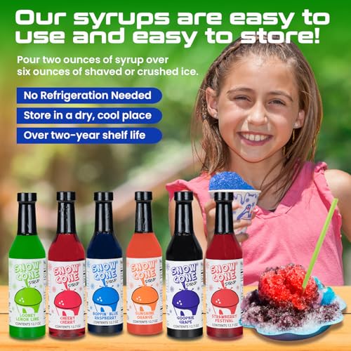 12.7oz Snow Cone Syrups (6 Pack w/Cups and Straws)