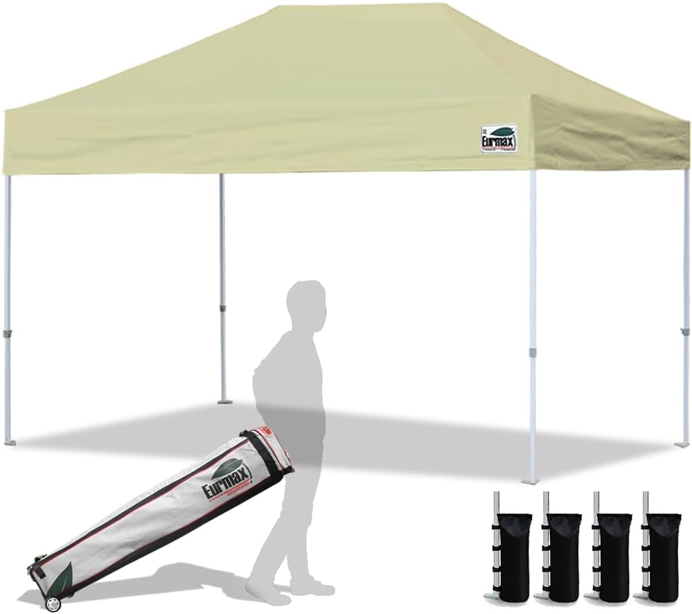 Eurmax USA 10x10ft Pop Up Canopy,Commercial Instant Tent for Outdoor Events,Patented No-Tip Rolling Storage Bag with 4 Sandbags,UV & Water Resistant,Heavy Duty Portable Shelter Gazebo,Black
