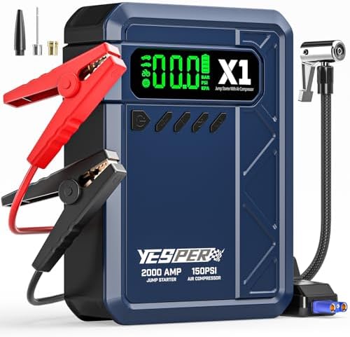 YESPER Jump Starter with Air Compressor 2000A 150PSI Battery Jumper Starter Portable(8L Gas/6L Diesel), 12V Car Jump Pack Battery Charger Jump Box with Jumper Cables, LCD Display, Lights | 2000A Battery Jumper Starter Portable(8L Gas/6L Diesel), Car Batt…