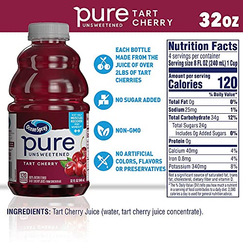 Ocean Spray® Pure Unsweetened Cranberry, 100% Cranberry Juice From Concentrate, 32 Fl Oz Bottle (Pack of 8)