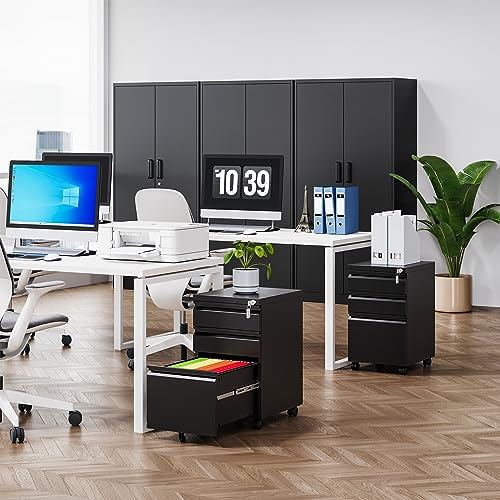 MIIIKO 3 Drawer File Cabinet with Lock, Metal Lateral Rolling Printer Stand Filing Cabinets for Home Office Storage,A4, Letter,File Folders(White)