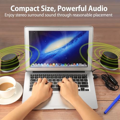 Sanyun SW102 Computer Speakers for Desktop PC Laptop, 2.0 USB Powered | Dual Passive Radiators, Punchy Bass, 3.5mm AUX for Audio, In-Line Volume Control, Plug and Play, Space-Saving (Pair, Black)