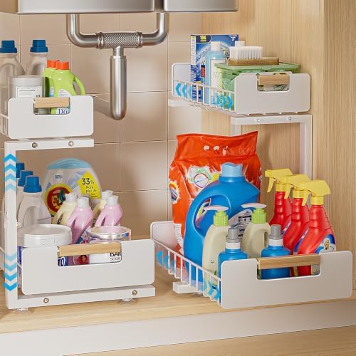 Delamu Under Sink Organizer Kitchen, 2-Tier Pull-Out Cabinet Shelf, 2-Pack | 2-Tier Smooth Slide, 5 Adjustable Heights, Anti-Tip Suction Cups