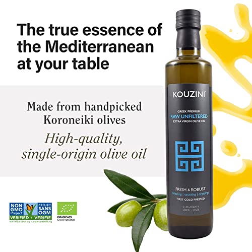 Kouzini Unfiltered Raw Extra Virgin Greek Olive Oil, Greek Extra Virgin Cold Pressed Olive Oil, Single Origin, High Polyphenols, Authentic Taste
