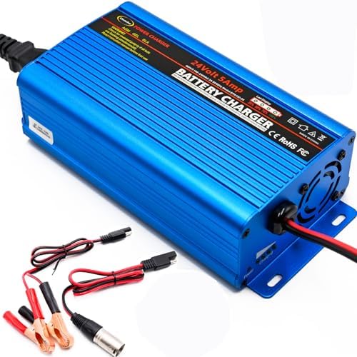 Unocho 24V 5A Battery Charger Maintainer 4-Stage Smart Lead-Acid Charger with 3-Pin XLR Connector Power Switch and LED Display for Wheelchairs Mobility Scooters AGM Gel SLA VRLA