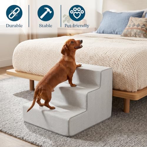 3-Step Pet Stairs - Nonslip Foam Dog and Cat Steps with Removable Zippered Microfiber Cover - 2-Tone Design for Home or Vehicle Use by PETMAKER (Tan) | 3-Step Pet Steps for High Bed and Couch - Pet Stairs with Nonslip Bottom, High-Density Foam, and Remov…