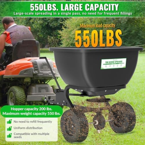 VELPAX 200LB Tow Behind Broadcast Spreader, Fertilizer Spreader Holds up to 550 lbs with 13" Pneumatic Tires and Adjustable Flow Control Lever