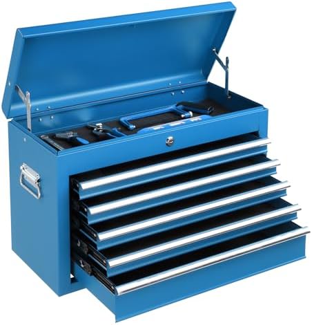 24" Metal Portable Tool Box with 5 Drawers, Lockable, Red | ToolBox with Top Storage Tray, Carry Handle, Ball Bearing Runners, Tool Chest Cabinet for Garage, Warehouse, Repair Shop