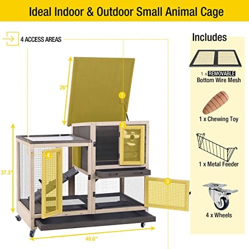 Aivituvin Upgrade Rabbit Cage Indoor Bunny Hutch with Run with Two Deeper No Leak Trays - 4 Casters Include for Outdoor (Coffee)
