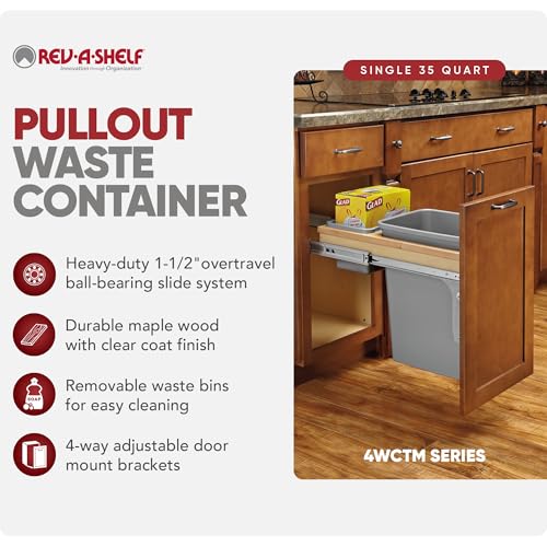 Rev-A-Shelf Double Pullout Trash Can, Min Cabinet Opening 18" W, 50 Qt | w/ Soft-Close, Under Cabinet Waste/Recycling Bin w/ Lid, Silver, 4WCSC-2150DM-2