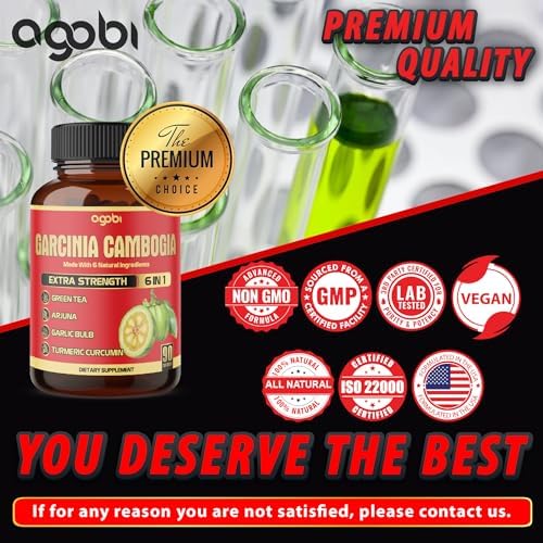 Pure Garcinia Cambogia Capsules - 6in1 with Green Tea, Arjuna, Garlic Bulb, Turmeric & Black Pepper - 90 Counts