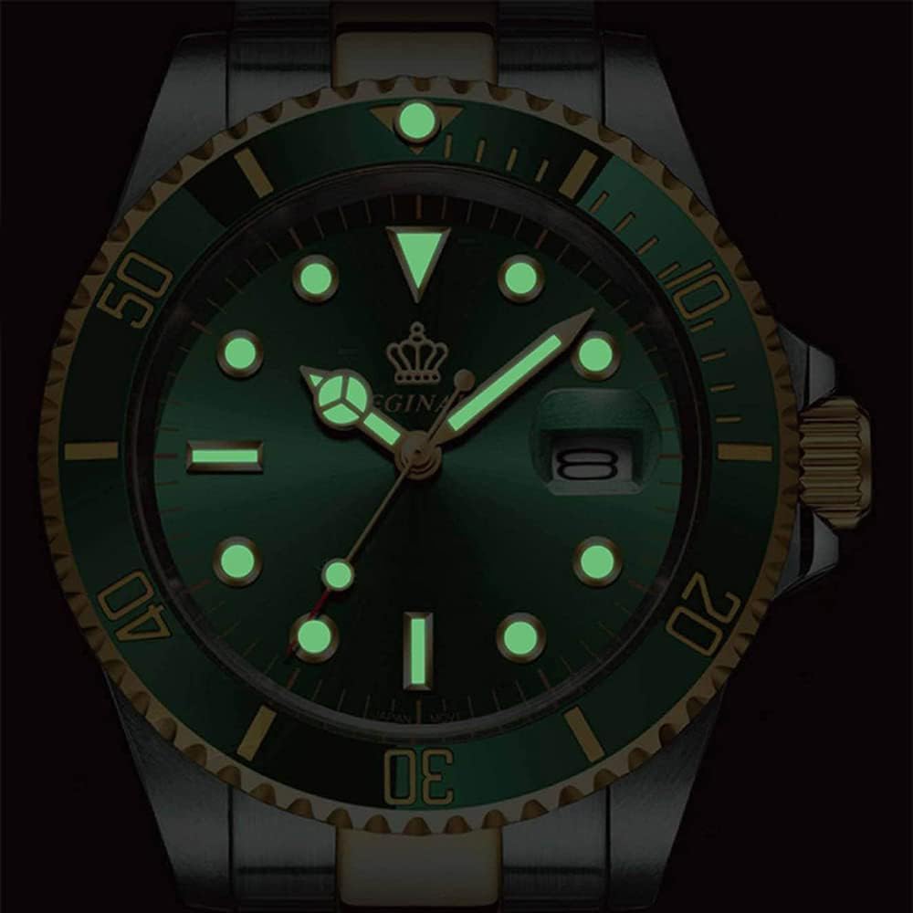 FANMIS Men's Two-Tone Stainless Steel Quartz Watch, Rotating Bezel and Date | Green Dial, Luminous Hands and Markers, Magnified Date Window, Fold-Over Safety Clasp, 30M Water Resistant for Everyday Wear.