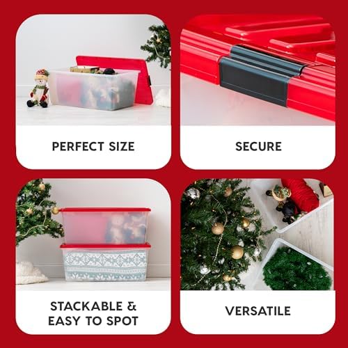 IRIS USA 2-Pack Holiday Ornament Storage Box with Attached Lid, Clear/Red