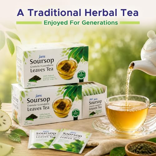 Jans Soursop Tea Bags 25 Count | 100% Natural Soursop Leaves | Caffeine Free Sour Sop Tea | Vegan Herbal Tea | Individually Wrapped Tea Bags | Cholesterol Free Sugar Free Relaxation Beverage
