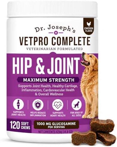Dr. Joseph's VetPro Complete Dog Hip & Joint Wellness Supplement – High-Strength Glucosamine, MSM, Omega & Chondroitin Chews and Breeds – Vet Formulated Chicken Dog Treat - 120 Count