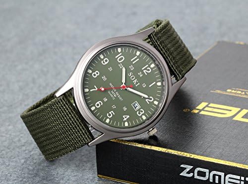 Lancardo Analog Quartz Watch with Woven Nylon Band Calendar Luminous Hand Military Time 24H (Army Green) for Christmas