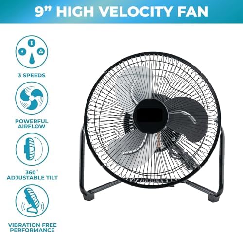 EZ-CHILL 12” Cradle Floor Fan, 3 Speed, High Velocity, 180 Degree Adjustable Tilt, All-Metal, Carry Handle, Rubber Feet, Airflow 15.42 ft/sec, Ideal for Home, Bedroom & Office, Black