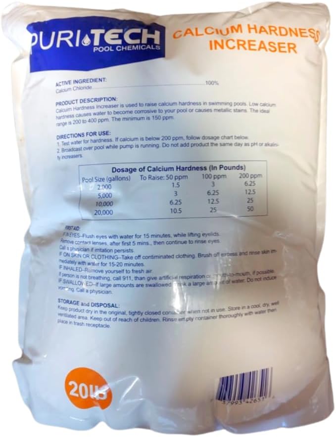Puri Tech Pool Chemicals Calcium Hardness Increaser Plus – Increases Calcium Hardness Levels & Helps Prevent Corrosion and Staining - 94% Calcium Chloride– 25 lb