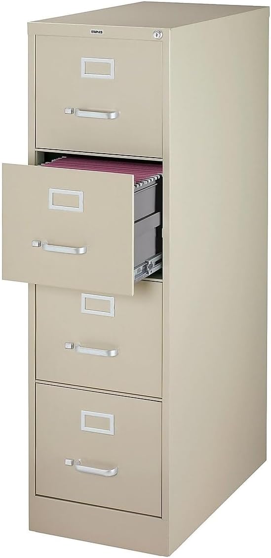 Staples 4-Drawer Vertical File Cabinet, Letter Size Documents, Lockable, 26.5" D x 15" W x 51.97" H, Putty/Beige