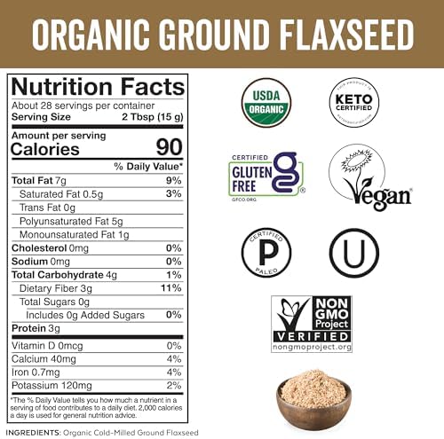 Viva Naturals Organic Ground Flaxseed, 15 oz (425 g) – Plant-Based Protein, Vegan Omega-3 & Fiber, Finely Milled Flax Seeds, Perfect for Smoothies & Baking