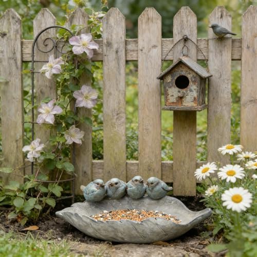 Bird-Feeder Wild Bird-Bath Bowl Outdoors - Garden Decor Polyresin Birds on Leaf 12.4 * 7.5 * 4.1 Inch-Newman House Studio