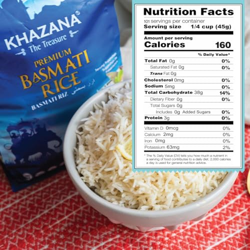 Authentic Premium Basmati Rice by Khazana in 10 lb Bag - Aromatic and Flavorful Indian Grain - Non-GMO, Gluten Free, Kosher, Cholesterol Free