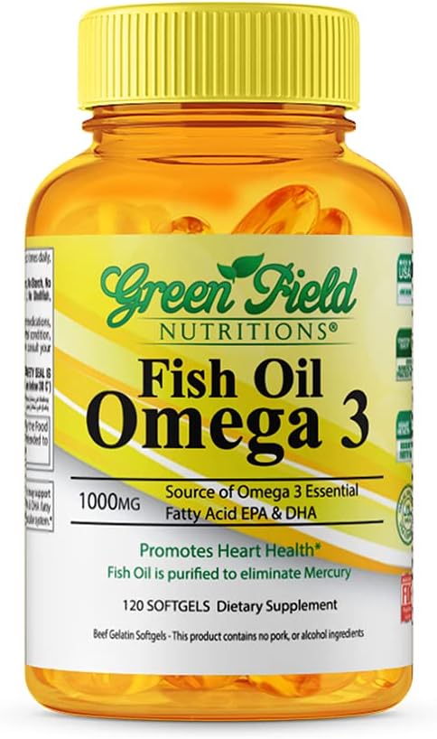 Greenfield Nutritions Halal Fish Oil 1000mg, 300mg Halal Omega 3, Small Wild Peruvian Fish Oil Halal Vitamins, EPA 180 mg & DHA 120mg, Non-GMO
