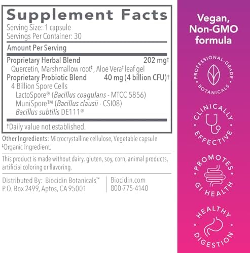 Biocidin Proflora 4R Spore Probiotic for Gut Health & Digestion, 30 Count | Vegan Probiotic, Bacillus, Organic Aloe, Marshmallow Root & Quercetin