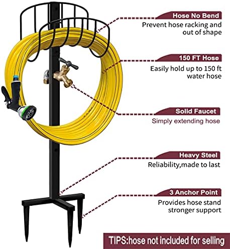 Artigarden Freestanding Garden Hose Holder Hanger, Heavy Duty Metal Water Hose Reel Storage Stand Rack for Yard Lawn, Bright Black (Hose not Included)