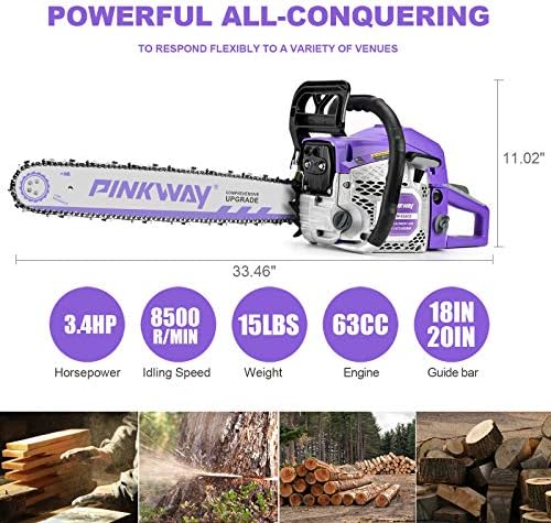 2-cycle 63CC Chainsaw Saw Gas Powered 20" Chain Saws Cordless Petrol Saw Handheld Chainsaw for Cutting Wood Trees Branches (63ACK)