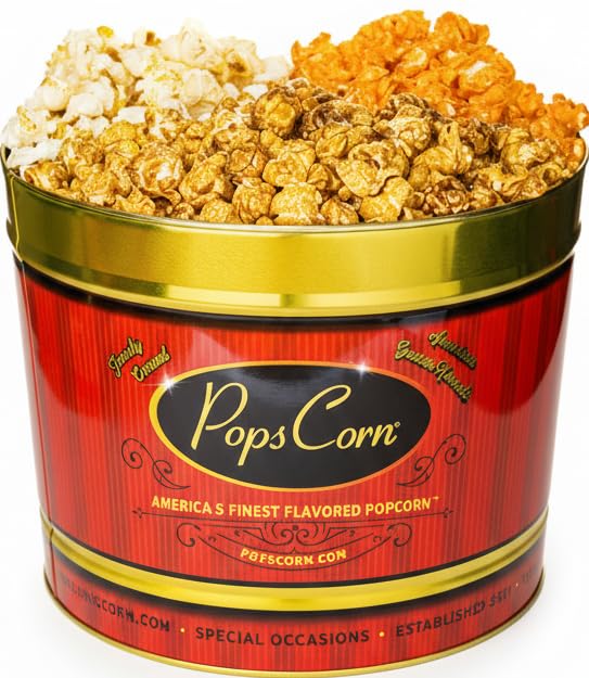 Gourmet Popcorn Gift Tin. Large 2 Gallon. 3 Amazing Flavors. Caramel, Cheese & Kettle Corn. Perfect for Mom, Dad, Coworkers, Secretary, Nurse