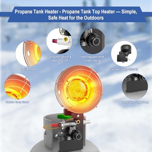 30000 BTU Propane Heater Outdoor, Propane Tank Heater Attachment Double Tank Top Radiant Gas Heater With Tip-Over Protection, 3 Heat Settings, Safety Shut-Off Valve for Patio,Camp,Fish,Garage.