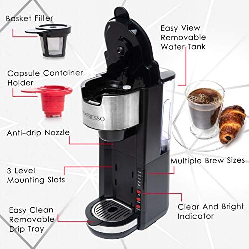 Mixpresso Black Single Serve Coffee Brewer K-Cup Pods Compatible & Ground, 30 oz Compact Coffee Maker Single Serve With 5 Brew Sizes Up To 14 Oz