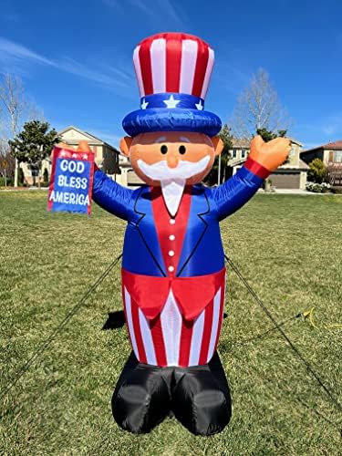 6 Foot Tall Patriotic Independence Day 4th of July Inflatable Uncle Sam | God Bless America Flag, Pre-Lit LED Lights, Outdoor Indoor