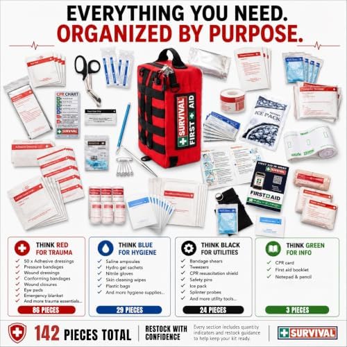 SURVIVAL Large First Aid Kit, 142-Piece Emergency Response System | Color-coded organization, water-resistant, MOLLE compatible, home