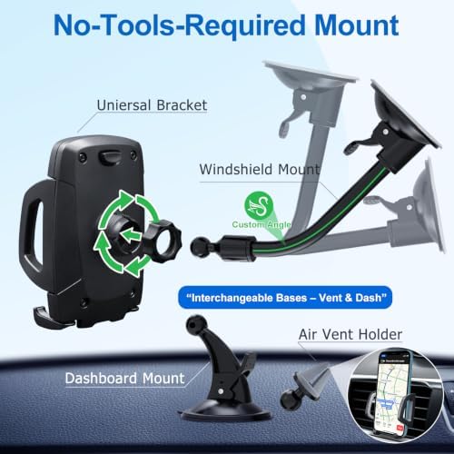 Vansky Stable Car Phone Holder: Clear Picture Even Over Speed Bumps | 3-in-1 Mount for Windshield Dashboard & Air Vent - Rock-Solid Grip on Potholes