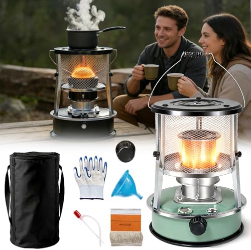 Indoor Heater Non-Electric, 9000 BTU Portable Kerosene Heater for Indoor & Outdoor Use, with Cooking Function, 6 Wicks & Bag, Height Adjustable for Camping, Emergency Heat & Survival (Black)