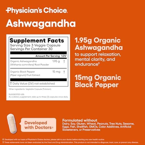 Physician's CHOICE Ashwagandha Supplement - 1950mg of Bioavailable Organic Ashwagandha Root Powder - Black Pepper Extract, Stress Support